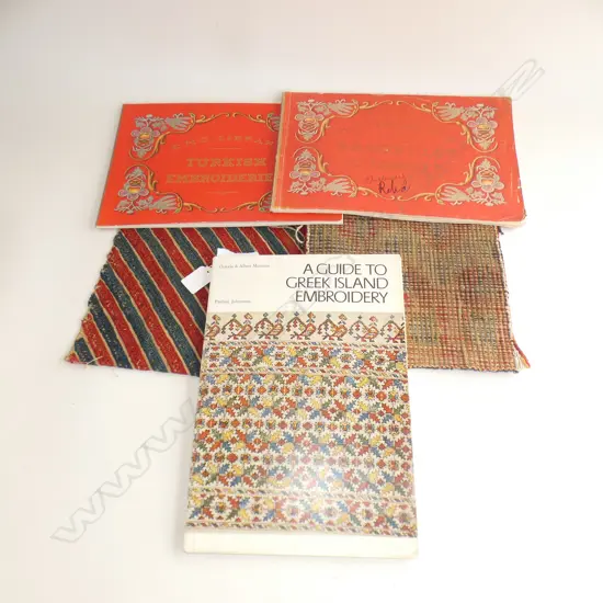 Two pieces of Greek? embroidered fabric plus 3 books on embroidery…